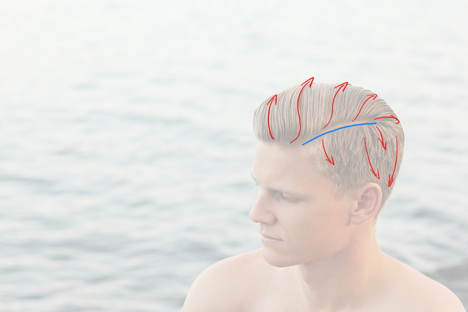 schéma du mouvement des cheveux d’homme courts et plaqués avec raie sur le côté