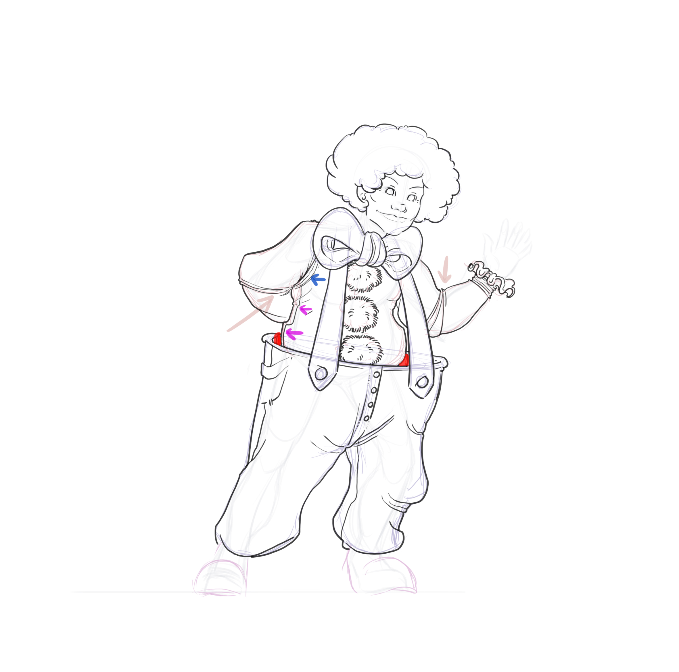 dessiner la ceinture et les détails de la chemise du clown